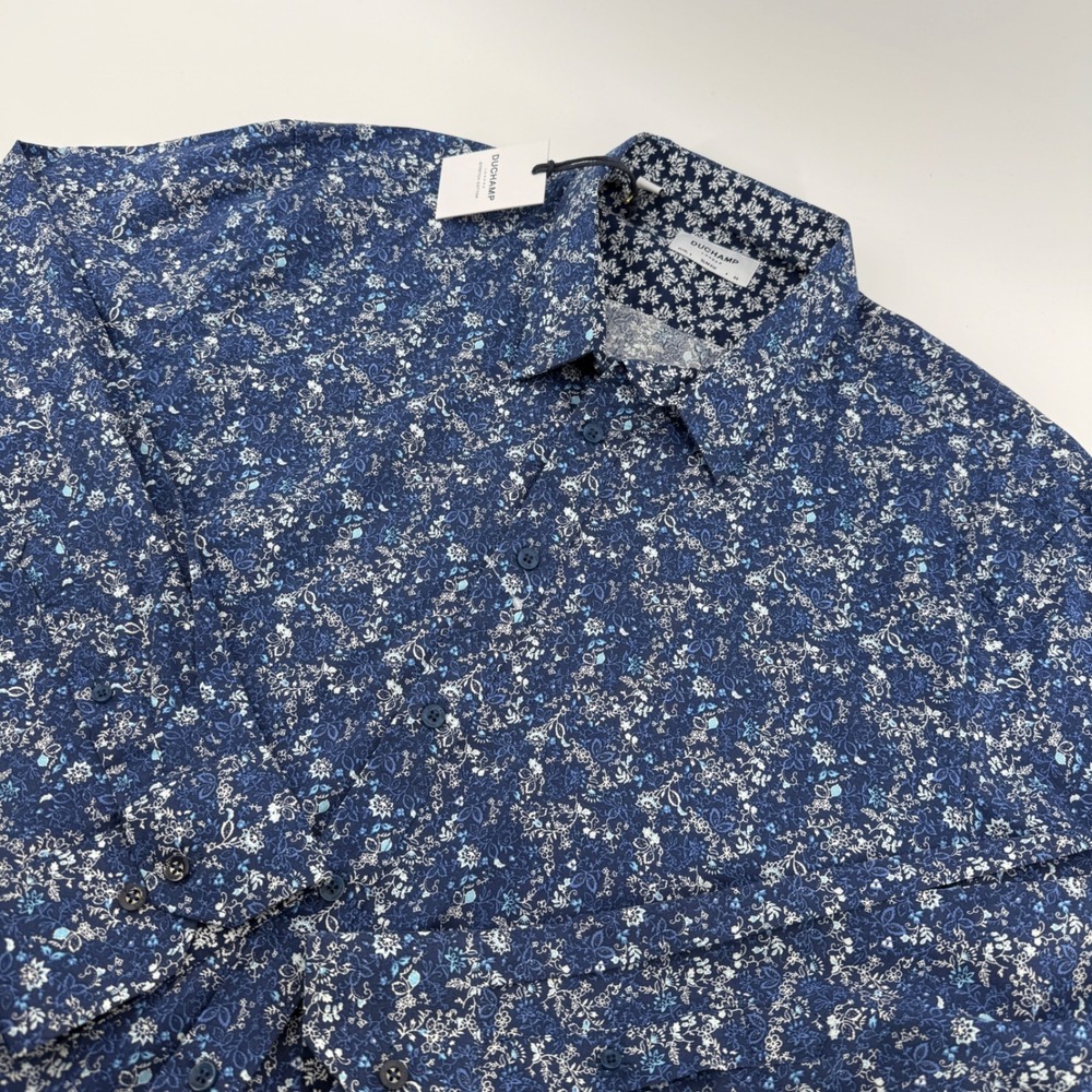 Duchamp London Slim Fit Stretch Cotton Floral Print Button Down Shirt Blue Large